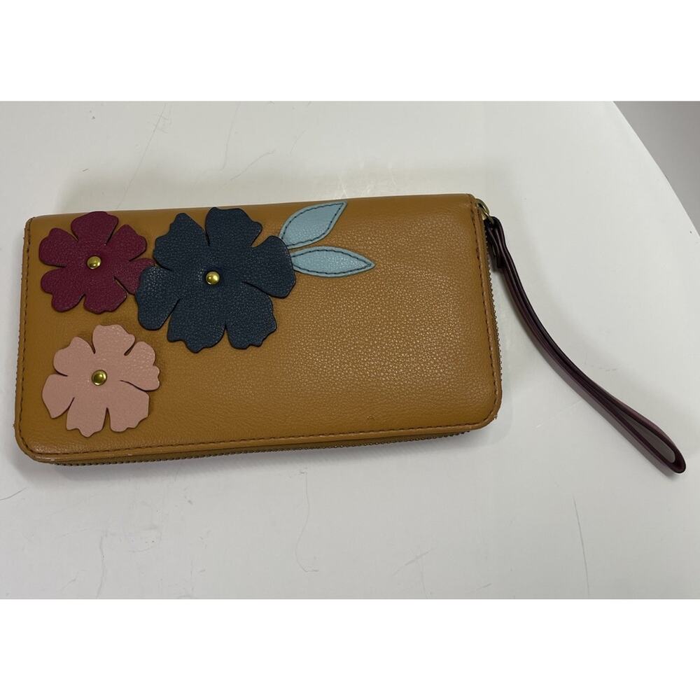 Fossil Wristlet Wallet Brown Zip Multipocket 3D Flower Faux Leather Clutch - Picture 2 of 9